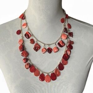 Layered Salmon/Red Shell & Disc Beaded Statement Necklace – Gold Tone
